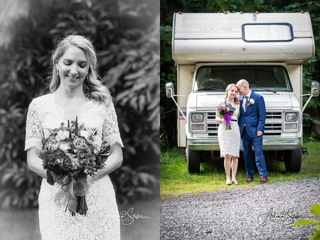 A newlywed couple in Washington standing in front of a camper decide to spend some of their wedding budget on a honeymoon.
