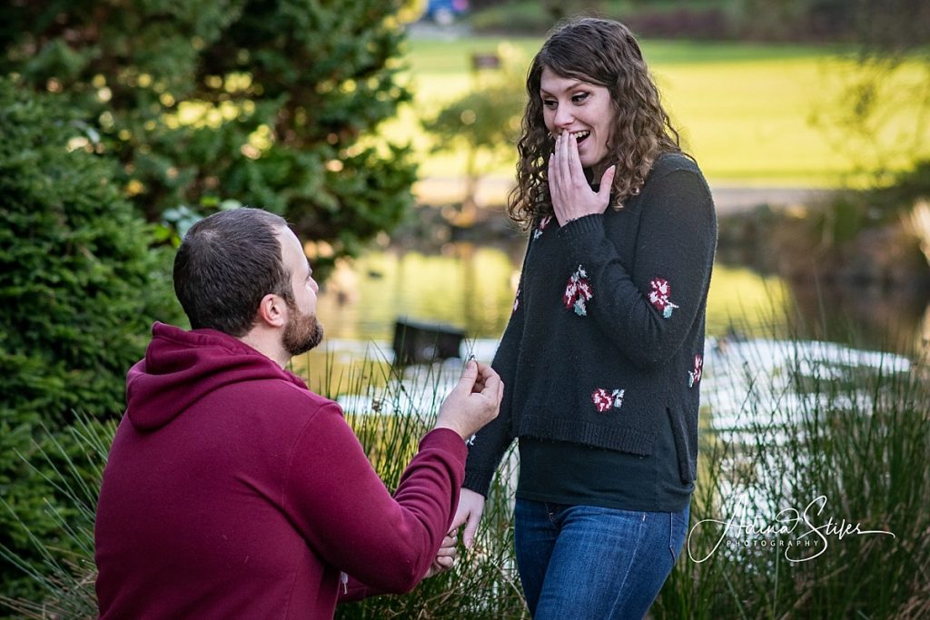 A man proposing to his girlfriend in Point Defiance Park, Tacoma, during a photoshoot with Adina Stiles Photography.